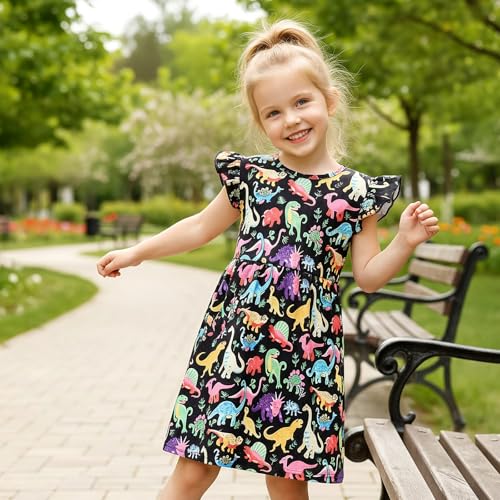Image of Toddler Little Girls Casual Dresses Short Sleeve Crew Neck Graphic Cartoon Dress for 2-8 Years