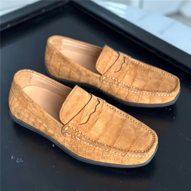 Nubuck Crocodile Leather Men's Camel Moccasins Gommino Alligator Leather Male Slip-on Soft Flats Shoes3