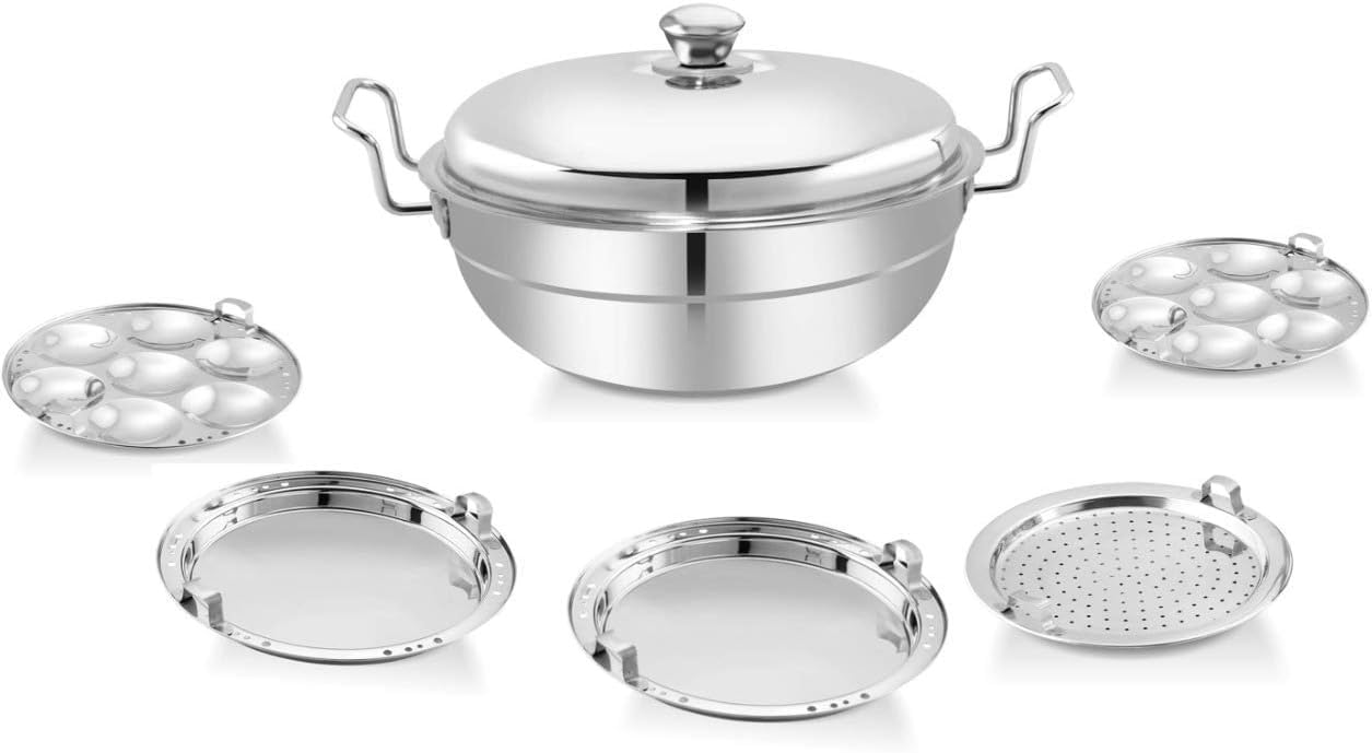 Multi Kadai Stainless Steel Idli Cooker Multi Kadai Steamer with Pot Set Big Size with 5 Plate (2 Idli, 2 Dhokla, 1Patra,Silver Use Home Office Kitchem (Silver)