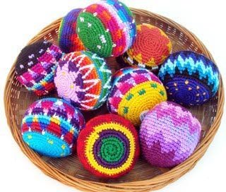 Funny Guy Mugs Hacky Sacks, Multicolored Crochet Assorted Geometric Pattern Hacky Ball, Foot Bag Kick Sack, Indoor and Outdoor Toys for Kids and Adults, Set of 6