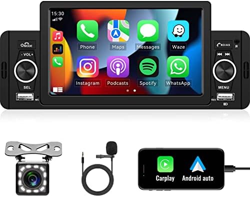 SIXWIN Single Din Car Stereo 5 Inch Touch Screen Car Radio with Carplay Android Auto Car Radio with Bluetooth Backup Camera FM Radio Mirror Link MP5 Player with Remote Control Fast Charge Microphone
