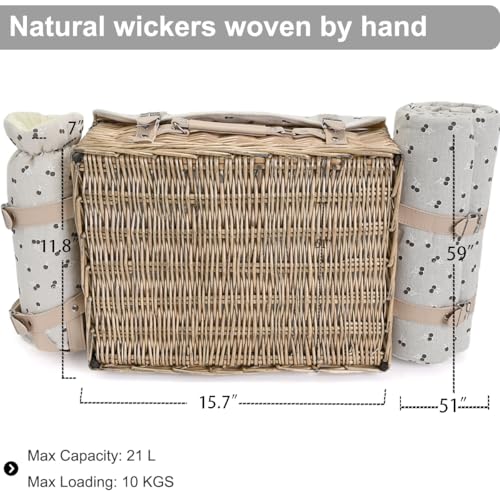 Image of Multifunctional Wicker Picnic Basket Set for 2 with Blanket and Picnic Table, Insulated Picnic Set with Full Tablewares for Camping Outdoor Couples,Cherry