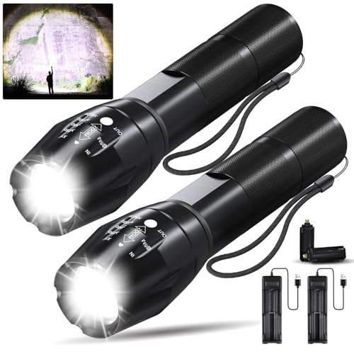 AMZGOGO Rechargeable Flashlights High Lumens, 12000 Lumens Super Bright LED Flashlight with Chargers & ΒATTERIES, Powerful Handheld Waterproof Flashlights with 5 Modes for Camping/Emergency(2 Pack)
