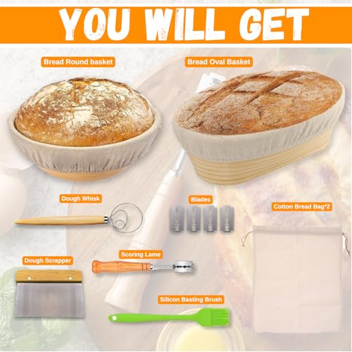 Junction Mart - Banneton Bread Proofing Basket Set,10 Inch Oval & 9 Inch Round, Sourdough Bread Baking Supplies, Proofing Basket for Bread Baking, Sourdough Starter Kit, Making Supplies Tools