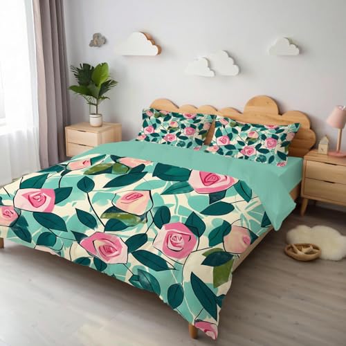 Housse de Couette 140x200 Motif Géométrique Rose et Vert avec 2 Taies - 4