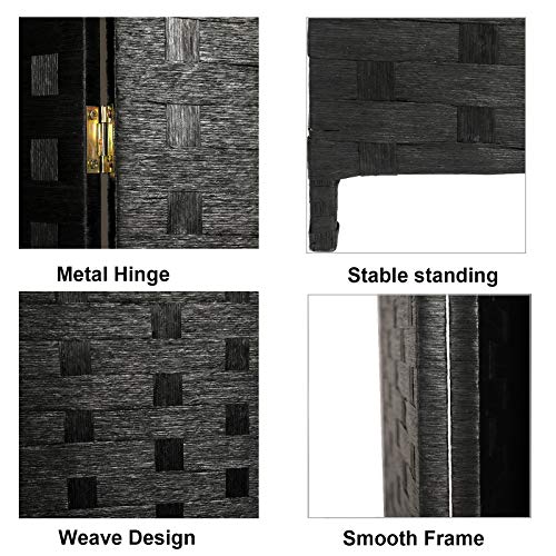 Folding Room Screen Divider Hand-Woven Design Room Divider 6ft High Fiber Free-Standing Privacy Screen Suitable for Living Room and Study (Black, 4 Panels) - Thumbnail 3
