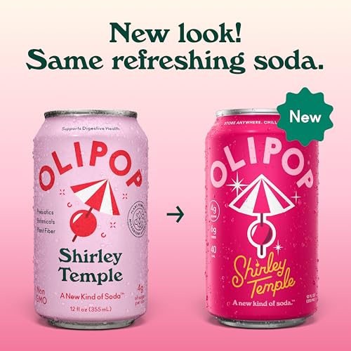Image of OLIPOP Prebiotic Soda Pop, Shirley Temple, Pantry Pack Packed with Prebiotics, Fiber, and Botanicals, Gluten Free, GMO Free, 12oz (12-Cans) (Packaging May Vary)