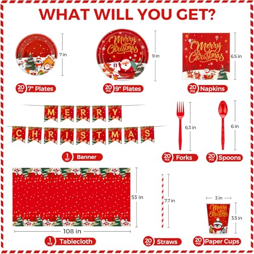 Christmas Paper Plates and Napkins, Christmas Party Supplies Disposable Dinnerware Set, Includes Heavy Duty Paper Plates, Napkins, Cups, Tablecloth, Cutlery and Banner for Xmas Decorations, Serve 20 – Image 3