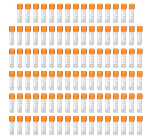 HUAZIZ 100 pcs Plástico Tubos de ensayo, 2ml Transparente,Tubo criogénico, Contenedor de Muestra, Tubo de Congelación de Laboratorio, Vial de Plástico con orange Tapa de Sellado de Tornillo