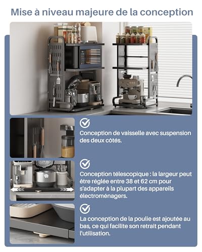 Support pour four micro-ondes extensible en métal noir pour libérer le plan de travail - 7