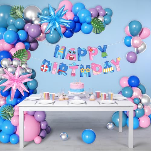 Image of Ouddy Life 160Pcs Pink Blue Purple Balloons Arch Kit, Summer Party Decor | Silver Star Foil Balloon Happy Birthday Banner Palm Leaves for Hawaii Tropical Luau Baby Shower Cartoon Party Decorations