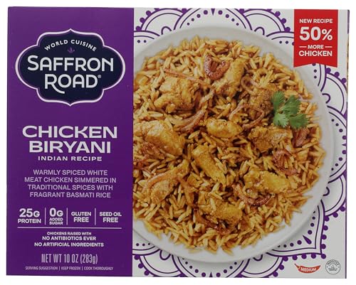 Saffron Road Frozen Chicken Biryani – High Protein, Seed Oil Free, Chickens Raised with No Antibiotics, No Artificial Ingredients, Gluten-Free – 10 Ounce