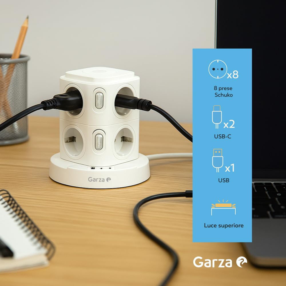 Ciabatta Elettrica 11 in 1 con 8 Prese Schuko, 2 USB-C PD20W e 1 USB-A, Bianco