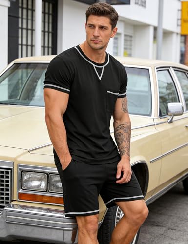Image of SWOMOG Men Modal Pajamas Set Comfy Sleepwear Short Sleeve Pjs Set Soft 2 Piece Lounge Set Cozy Nightwear with Pockets Black XX-Large