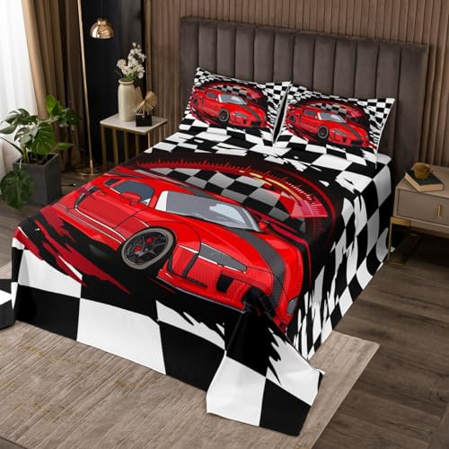Erosebridal Red Sports Car Quilt Set Queen Size, Boys Race Car Bedspread Set for Teens Girls Adult Extreme Speed Race Car Coverlet Set Black and White Grids Print Car Theme Bed Set Bedroom Decor