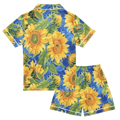 ALAZA Sunflower Blue Pajamas Satin Pajama Set Short Sleeve Button Down Sleepwear2