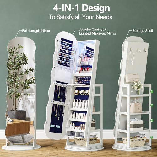 Image of HNEBC 360 Swivel Jewelry Cabinet with Lights, LED Jewelry Armoire with Mirror, Wavy Wide Full-Length Mirror with Storage, Lockable Mirror Jewelry Cabinet Standing (White)