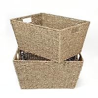 Woodluv Seagrass Storage Basket, Set of 2 Floor Basket/Hamper Basket, Bathroom Storage Baskets for Shelves - Natural Wicker Seagrass Baskets for Storage w/Handles for Bedroom Home