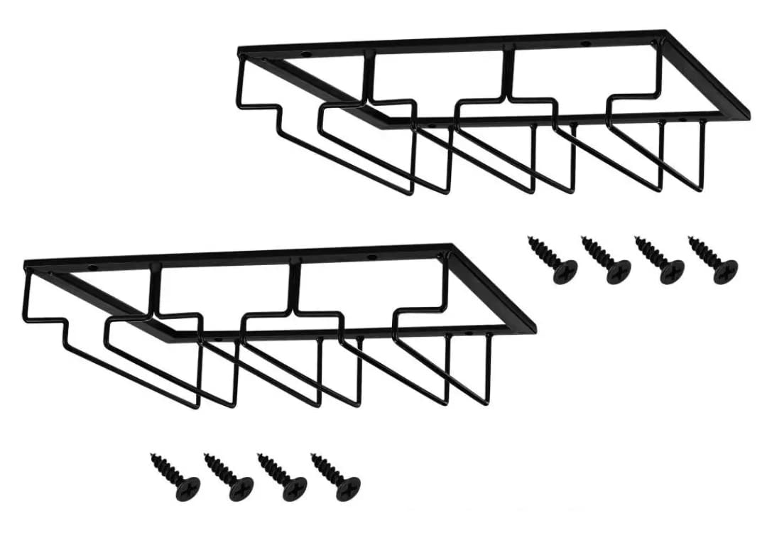 KitchenMade - Wine Glass Rack - Under Cabinet Wine Glass Holder and Storage Hanger, Glass Organizer for Bar and Kitchen in Black, 2 Pack (black, 2)