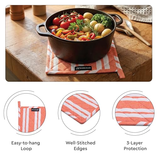 Image of Encasa XO 100% Cotton Apron Set for Women & Men with Adjustable Apron, Oven Gloves & Pot Holder (Pack of 3) Combo, Heat-Resistant, Soft & Durable for Cooking, Baking & Grilling (Franca Orange Stripes)