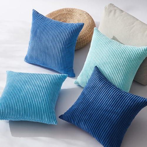 Image of Topfinel Decorative Throw Pillow Covers Aque Teal Blue Series,Summer Corduroy Striped Toss Pillows for Couch,Patio,Balcony,Children Bedroom,Modern Fluffy Blue Gradient Shams 20x20 Inch Set of 4
