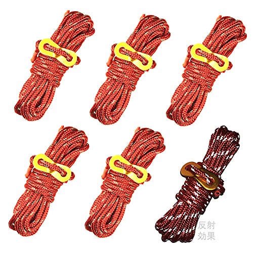 6本セット ロープ テントロープ 2本の反射材入り 長さ4m 径4mm パラコード ガイロープ タープロープ キャンプ 用紐 ガイライン アウトドア タープ テント 固定 テント ロープ 張り綱 アルミニウム自在金具 耐荷重250kg 多機能 (赤)