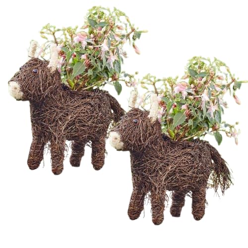 Garden Mile Set of 2 Garden Highland Cow Planter Novelty Plant Pot Rattan Outdoor Planter Animal Themed Flower Planters Cow Rattan Straw Plant Pots Outdoor Patio Decoration