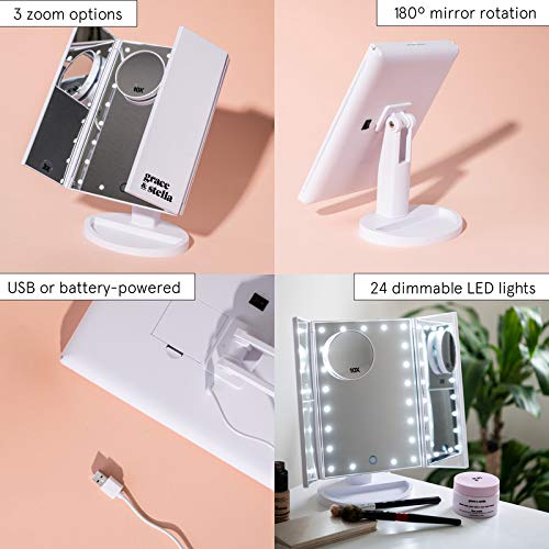 Grace & Stella Makeup Mirror Vanity Mirror with Lights, 2X 3X 10X Magnification, Lighted Makeup Mirror, Touch Control, Trifold Makeup Mirror, Dual Power Supply, Portable LED, Women Gift