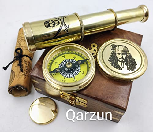 Brújula de latón con telescopio plegable en caja de madera miniatura 3