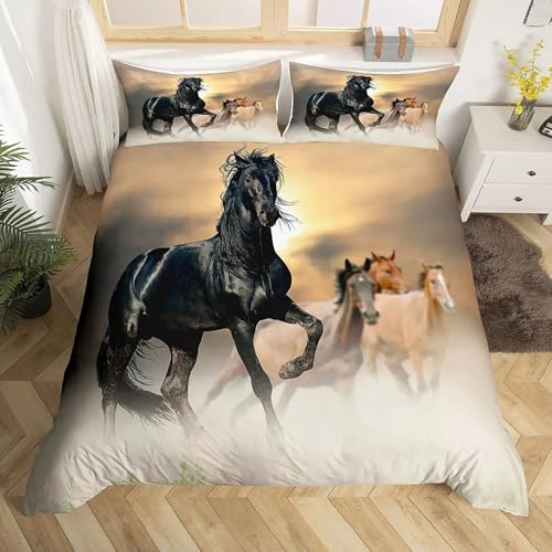 Parure de lit pour enfant - Motif cheval qui court - Impression 3D - Motif cheval - Housse de couette - Pour enfants, garçons et adolescents - Avec fermeture...