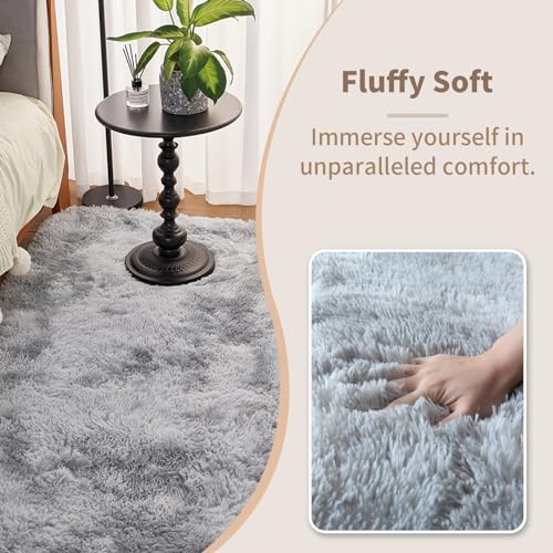 HOUSERAN Shag Area Rug 185x185cm Tie Dyed Grey, Plush Fluffy Fur Rug for Living Room Square Carpet for Bedroom Dorm Nursery Indoor - Image 4