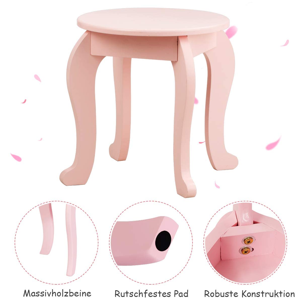 COSTWAY Kinder Schminktisch mit Hocker und Abnehmbarer Spiegel, Mädchen Frisiertisch Holz, Kindertisch mit Schublade, Spiegeltisch 80x42x105cm (Rosa)