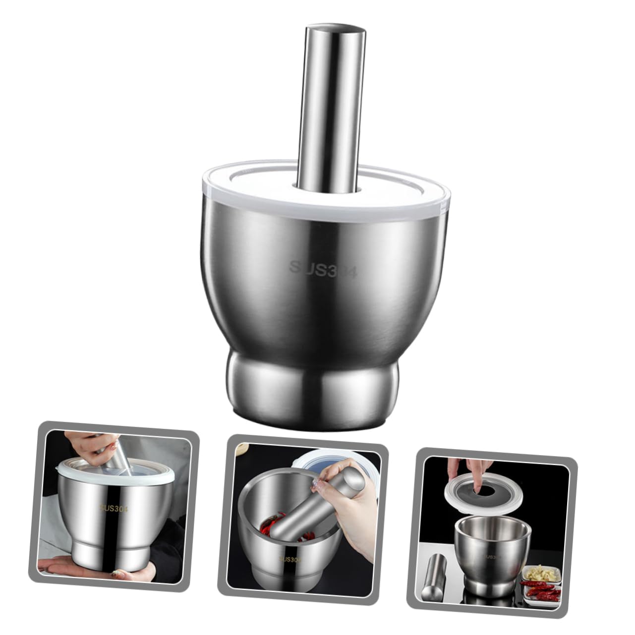1 Set &Amp; Stößel Knoblauchmühlen Küchengeschirr Stößel Und Schüssel Mit Deckel Und Große Mahlschüssel Aus Edelstahl Metall Und schüssel Chilipulver Pürierwerkzeug