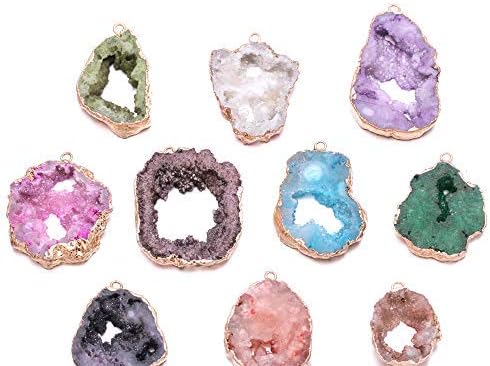 Miniatura 8 de LE SKY Colgante de piedra natural, geoda drusa irregular, piedra de ágata rosa para hacer joyas, collares, aretes, 2 unidades, Ágata, Ágata