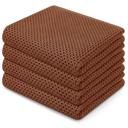 Image of Homaxy 100% Cotton Waffle Weave Kitchen Dish Towels 4-Pack, Caramel | 13 x 28 Inches, Ultra Soft Absorbent Dish Towels, Quick Drying Cleaning Towels