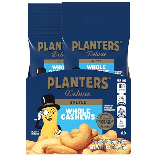 PLANTERS Deluxe Cashews, Party Snacks, Plant-based Protein, 2.25 oz bag (12 Pack)
