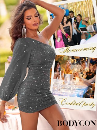 Image of ShawGobow Sparkly Outfits for Women,One Shoulder Ruched Bodycon Short Prom Dress,Sexy Dresses Cocktail Homecoming Nye