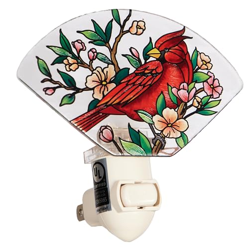 Image of Red Cardinal Night Light - Stained Glass Styled Plug-in Wall Light for Vertical Outlets - Real Glass with Warm Glow for Bedroom, Bathroom, Hallway, Gift for Bird Lovers
