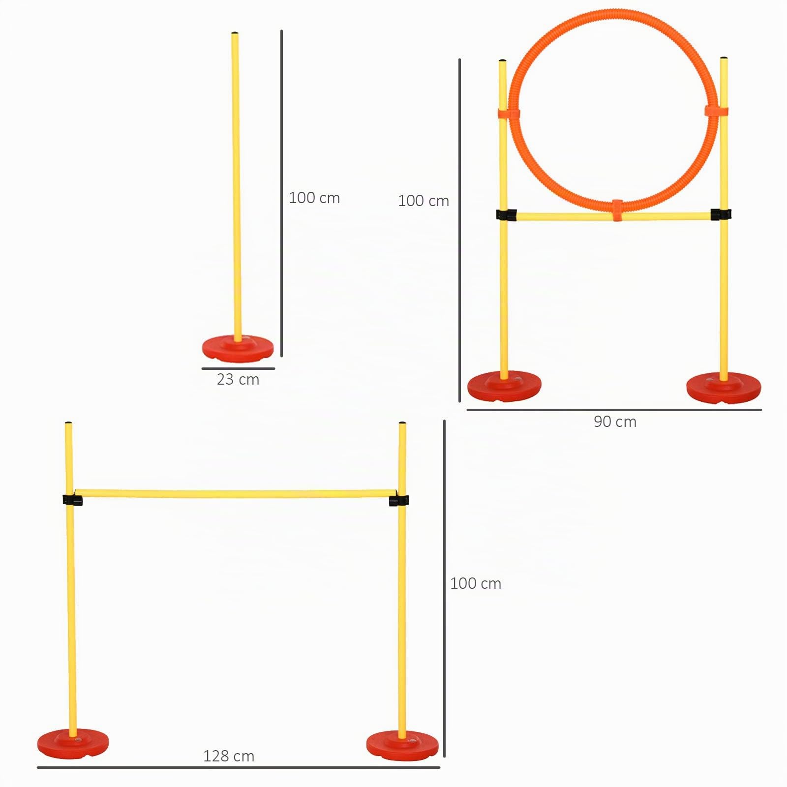 PawHut Agility Set Hunde 3-Teiliges Agility-Ausrüstung für Hundetraining | Steckhürdenset, 6 Slalomstangen, Höhenverstellbare Hürden, Sprungreifen, Tragetasche, Spiele, Training