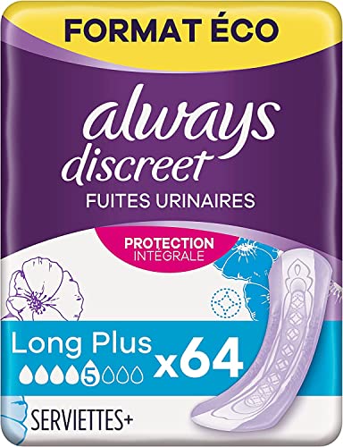 Discreet - 64 片女士失禁垫，加长款，5 滴，显着漏尿 - 环保尺寸 - 整体和谨慎的保护，产后兼容垫
