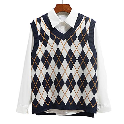 Women 's Knitted Vest V Neck Argyle Plaid Sleeveless Sweaters Pullover Preppy Style Crop Tank Tops Streetwear (Blue, S)