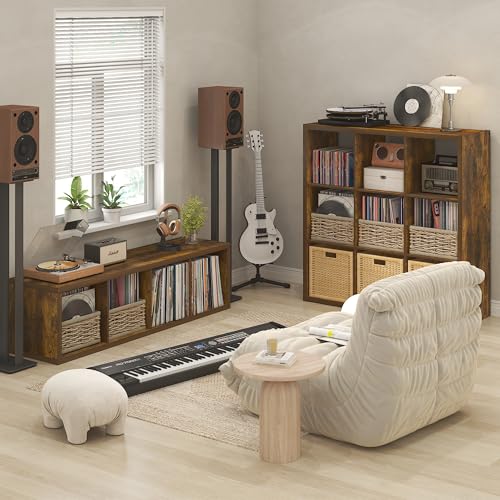 Image of Furinno Cubicle Record Player Stand, 9-Cube Record Storage, Amber Pine | Vinyl Storage, 1.2 inchInch Extra Thick, Open Back Media Shelf for CD DVD Bluray Game Disc, for Living Room, Home Office