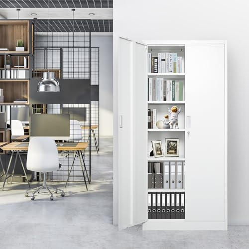 Steel SnapIt Cabinet, 71 Inch Metal Storage Cabinet with Locking Doors and 5 Adjustable Shelves, Garage Cabinet, Tool Cabinets for Office and Home Use (White)