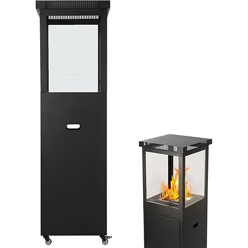 Outdoor Propane Heater: Standing Gas Heater With Glass Panel Lockable Wheels, 41,000 BTU Outdoor Heating Burner for Patio Garden Deck Porch Gatherings -Black