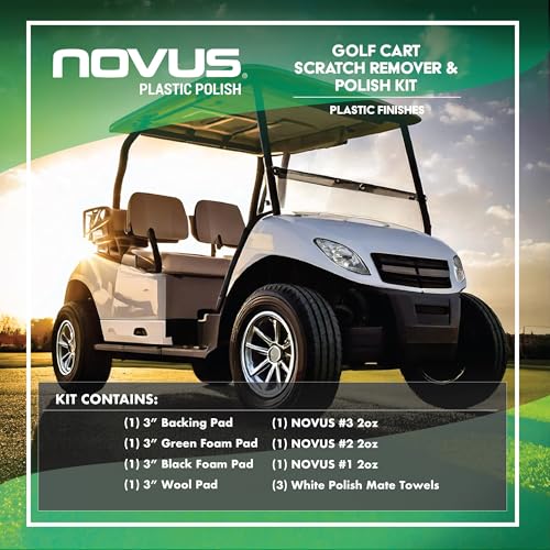 Image of NOVUS 7760 | Golf Cart Maintenance Kit | Includes NOVUS Plastic Polish #3#2#1-2 Ounces Each, 2 Buffing Pads, Backing Drill Attachment, 3 inch Wool Pad, 3 Disposable Wipes
