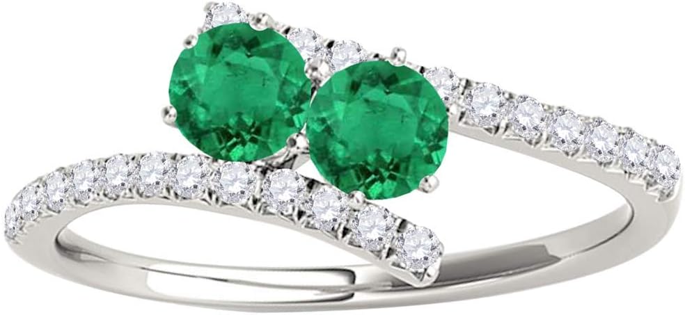MauliJewels 1.16 Carat Two Stone Emerald And Diamond Engagement Ring Prong-Setting 14k White Gold