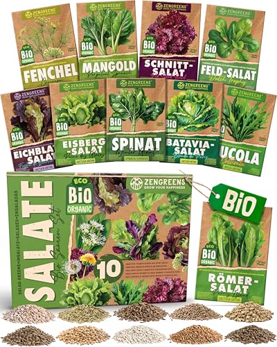 ZenGreens - Bio Salatgemüsesamen im 10er Set - 10 Salat Gemüse Samen für den einfachen Anbau im Garten Balkon oder Hochbeet - Pflanzensamen - Saatgut