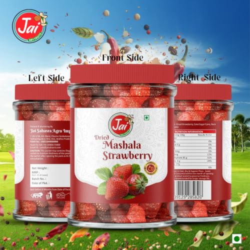 Image of JAI DRY FRUITS MASHALA Strawberry | Chatpata Dry Strawberry | Premium Dehydrated Snack | Tangy & Spicy & Sweet Healthy Fruit Snack | Ready to Eat | Rich in Fiber | Pack of 6 | 150g Each