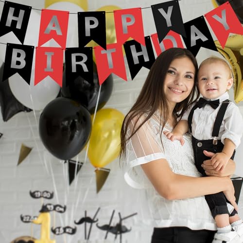 Image of Hooqict Happy Birthday Banner Red Silver Black Happy Birthday Decorations for Kids Men Women Black Party Banner Decorations Supplies Wall Door Garland Sign Bunting Flag