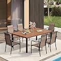 VICLLAX 7 Pieces Patio Dining Set for 6, 63" Rectangle Outdoor Dining Table and 6 Stacking Lawn Chairs for Garden, Backyard, Walnut Tabletop and Brown Fabric